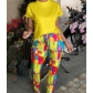 Summer Solid Color Short Sleeve Top + Printed Pants Set GQ6668E