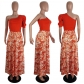 Two-piece set of personalized one-shoulder sleeve top + printed skirt LS6498