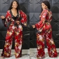 Fashion Sexy Print Deep V Long Sleeve Lace Up Trousers Jumpsuit C5840