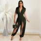 Fashion Solid Color Women's Sexy Deep V Sleeveless Hollow Trousers Jumpsuit C5860