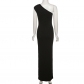 Women's Solid Color Casual Pleated Diagonal Slim Fit Long Dress K22D12730
