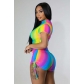 Sports and leisure large size short T-shirt suit rainbow striped print short-sleeved shorts two-piece set for women M7484