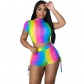 Sports and leisure large size short T-shirt suit rainbow striped print short-sleeved shorts two-piece set for women M7484