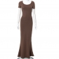 Casual Short Sleeve High Waist Slim Fit Fishtail Long Dress Q22DS250
