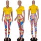 V-neck T-shirt top and printed trousers two-piece set G68548