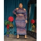 Plus size women's printed straight woolen off-the-shoulder long-sleeved hip-length dress two-piece set SC4129B