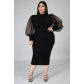 Plus Size Women's Clothing Mesh Perspective Lantern Sleeve Dress Package Hip 3 Colors F1022