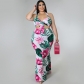 Plus Size Women's Casual Floral Print Sleeveless Tie Sling Skirt Set P7002