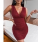 Sexy package hip shiny mid-skirt solid color V-neck slim dress YT220509