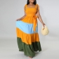 Plus Size Women's Sling Contrast Color Patchwork Tie Waist Dress XYL02288