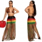 Women's Long Fringe Woven Colorblock Fringe Beach Dress AJ4371