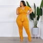 Solid Color V-Neck Belted Fashion Sexy Tight Plus Size Women's Casual Suit OSS22343