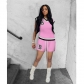Women's Sleeveless Ribbed Short Sleeve Shorts Tracksuit Solid Stretch B Embroidered Two Piece W8314-1