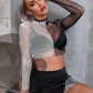 Sexy Two-Tone Paneled Mesh Long-Sleeve Slim Fit Crop Top H22TP137