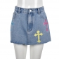 New Fashion Denim Fringe Cross Embroidery Skirt 8851PD