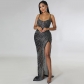 Hot diamond sexy sling mesh perspective irregular slit long skirt dress C5915