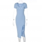 Square Neck Cutout Short Sleeve Slit Dress D258722G
