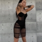 Solid color mesh stitching sexy hot girl suspender dress D258816G