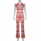 Women's Polo Neck Striped Print Cropped T-Shirt Pull Up Pants Spice Casual Outfit S24800