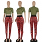 Temperament mesh top and pants printing two-piece set FE246