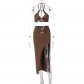 Women's Sexy Stitching Halter Hollow Vest Solid Color Midi Skirt Suit S258697W