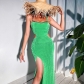 One Shoulder Chain Hollow Lace Up Dress Summer Sexy Slit Long Skirt YJ22149