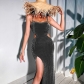 One Shoulder Chain Hollow Lace Up Dress Summer Sexy Slit Long Skirt YJ22149