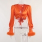 Satin Tie Feather Puff Long Sleeve Top Cropped Navel Long Sleeve YJ22227