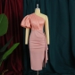 One-shoulder open-back puff-sleeve paneled pleated high-waisted slit one-step dress AM220539