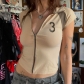 women's retro cardigan zipper stand collar contrast print T-shirt LQWDT23743