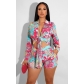 Two-Piece Set of Printed Deep V Strap Crop Shorts X9369
