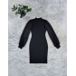 Black turtleneck mesh see-through lantern sleeve midi dress with hips K7131