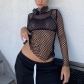 Solid Color Round Neck Pullover Long Sleeve Fishnet Cutout Top T-Shirt Q22TP176