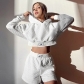 Autumn fashion casual sports texture checkered fake two-piece hooded sweater shorts suit YJ22239