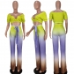 Women's Fashion Simple Gradient Color V-Neck Short-Sleeve Trousers Two-Piece Set G68568