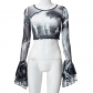 Printed Crew Neck Pullover Flare Long Sleeve Cropped Navel Casual Top Q22TP146