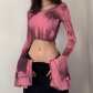 Printed Crew Neck Pullover Flare Long Sleeve Cropped Navel Casual Top Q22TP146