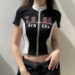 Motorcycle girl contrast color stitching stand-up collar zipper slim short-sleeved knitted T-shirt trend NW24735