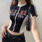 Motorcycle girl contrast color stitching stand-up collar zipper slim short-sleeved knitted T-shirt trend NW24735
