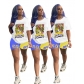 Fashion Colorblock Shorts Printed Short Sleeve Two-Piece Set SD529