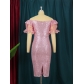 Sexy Tube Top Off Shoulder Collar Lotus Leaf Short Sleeve Pink Sequin Dress Slim Dress Large Size Women's Clothing AM211246