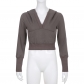 V-Neck Hooded Casual Thin Sweater Hot Girl Solid Color Versatile Pocket Short Slim Top T27218