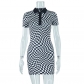 Polo collar black and white plaid print contrast color hip dress JD297861