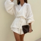 Two-piece set of white lace-up top casual loose high-waisted shorts TZ10545T