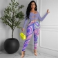 Solid Color Top and Screen Print Pants Two Piece Set G68523
