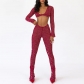 Fashionable and sexy U-neck cropped navel long-sleeved top slim fit and slim trousers suit S279667