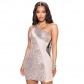 Slant single sleeveless Sequin stitched polyester mesh Hip Wrap A-line short dress CY900039