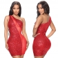 Slant single sleeveless Sequin stitched polyester mesh Hip Wrap A-line short dress CY900039