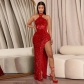 Banquet party dress, sexy high slit Sequin party dress with hanging neck CY900065