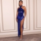 Banquet party dress, sexy high slit Sequin party dress with hanging neck CY900065